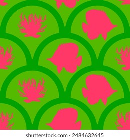 Abstract Hand Drawing Scallop Geometric Baroque Angel Fish and Coral Reef Seamless Textile Marine Vector Pattern with Isolated Background
