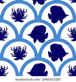 Abstractas dibujo a mano vieira geométrico barroco ángel pescado y arrecife de coral sin costura textil marino patrón de Vector con fondo aislado