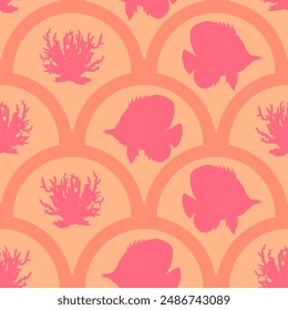 Abstract Hand Drawing Scallop Geometric Baroque Angel Fish and Coral Reef Seamless Textile Marine Vector Pattern with Isolated Background