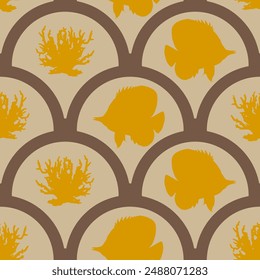 Abstract Hand Drawing Scallop Geometric Baroque Angel Fish and Coral Reef Seamless Textile Marine Vector Pattern with Isolated Background