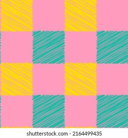 Abstract Hand Drawing Scribble Checkered Squares Seamless Plaid Tartan Vector Pattern Isolated Background