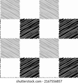 Abstract Hand Drawing Scribble Checkered Squares Seamless Plaid Tartan Vector Pattern Isolated Background