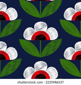 Abstract Hand Drawing Scribble Embroidery Flowers and Leaves Seamless Vector Pattern Isolated Background
