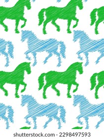 Abstract Hand Drawing Scribble One Line Drawing Horses Sketch Seamless Vector Pattern Isolated Background