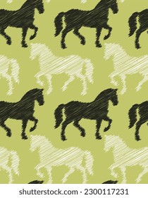 Abstract Hand Drawing Scribble One Line Drawing Horses Sketch Seamless Vector Pattern Isolated Background