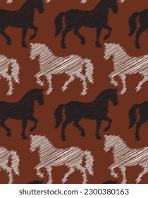 Abstract Hand Drawing Scribble One Line Drawing Horses Sketch Seamless Vector Pattern Isolated Background