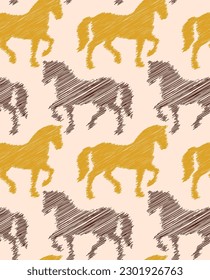 Abstract Hand Drawing Scribble One Line Drawing Horses Sketch Seamless Vector Pattern Isolated Background
