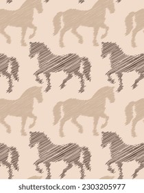 Abstract Hand Drawing Scribble One Line Drawing Horses Sketch Seamless Vector Pattern Isolated Background