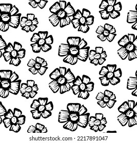 Abstract Hand Drawing Scribbled Detailed Daisy Chamomile Flowers Seamless Vector Pattern Isolated Background 