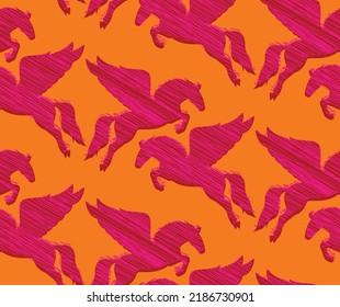 Abstract Hand Drawing Scribbled Pegasus Flying Horses with Shadows Seamless Vector Pattern Isolated Background