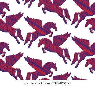 Abstract Hand Drawing Scribbled Pegasus Flying Horses with Shadows Seamless Vector Pattern Isolated Background