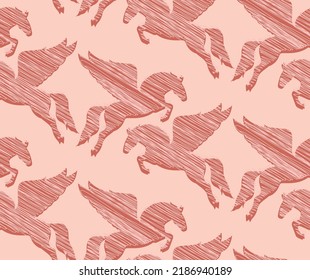 Abstract Hand Drawing Scribbled Pegasus Flying Horses with Shadows Seamless Vector Pattern Isolated Background