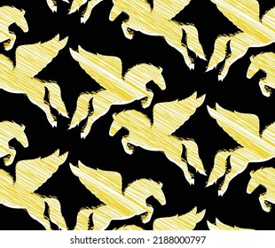 Abstract Hand Drawing Scribbled Pegasus Flying Horses with Shadows Seamless Vector Pattern Isolated Background