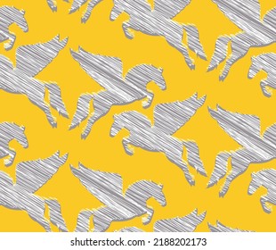 Abstract Hand Drawing Scribbled Pegasus Flying Horses with Shadows Seamless Vector Pattern Isolated Background