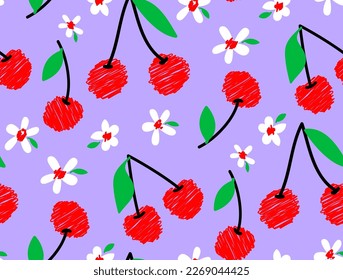 Abstract Hand Drawing Scribbled Red Cherries Green Leaves and Cute Flowers Seamless Vector Pattern Isolated Background