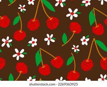 Abstract Hand Drawing Scribbled Red Cherries Green Leaves and Cute Flowers Seamless Vector Pattern Isolated Background