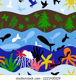 Abstract Hand Drawing Sea Creatures Sky and Forest Concept Seamless Vector Pattern Isolated Wavy Lines Patchwork Collage Background