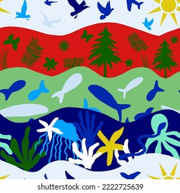 Abstract Hand Drawing Sea Creatures Sky and Forest Concept Seamless Vector Pattern Isolated Wavy Lines Patchwork Collage Background