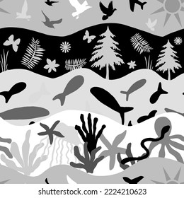 Abstract Hand Drawing Sea Creatures Sky and Forest Concept Seamless Vector Pattern Isolated Wavy Lines Patchwork Collage Background