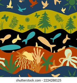 Abstract Hand Drawing Sea Creatures Sky and Forest Concept Seamless Vector Pattern Isolated Wavy Lines Patchwork Collage Background