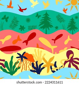 Abstract Hand Drawing Sea Creatures Sky and Forest Concept Seamless Vector Pattern Isolated Wavy Lines Patchwork Collage Background