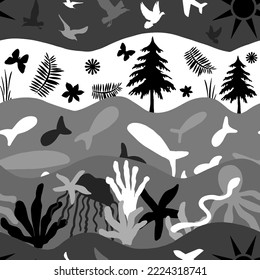 Resumen Dibujo a mano Criaturas del mar cielo y el concepto de bosque Patrón vectorial transparente Líneas onduladas aisladas Fondo del conjunto de parches