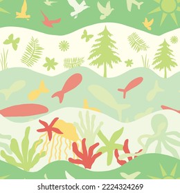 Abstract Hand Drawing Sea Creatures Sky and Forest Concept Seamless Vector Pattern Isolated Wavy Lines Patchwork Collage Background