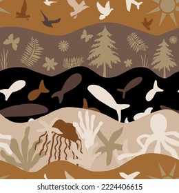 Abstract Hand Drawing Sea Creatures Sky and Forest Concept Seamless Vector Pattern Isolated Wavy Lines Patchwork Collage Background