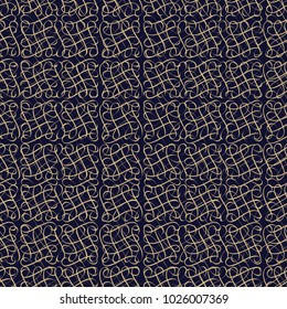 Abstract hand drawing seamless vector pattern with gold ink calligraphic on dark blue background