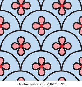 Abstract Hand Drawing Simple Flowers and Geometric Wavy Circles Seamless Vector Pattern Isolated Background