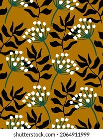 Abstract Hand Drawing Simple Tropical Exotic Leaves with Chrysanthemum Flowers Seamless Vector Pattern Isolated Background 