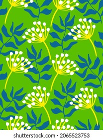Abstract Hand Drawing Simple Tropical Exotic Leaves with Chrysanthemum Flowers Seamless Vector Pattern Isolated Background 