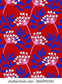 Abstract Hand Drawing Simple Tropical Exotic Leaves with Chrysanthemum Flowers Seamless Vector Pattern Isolated Background 