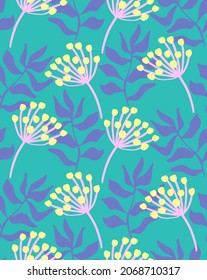 Abstract Hand Drawing Simple Tropical Exotic Leaves with Chrysanthemum Flowers Seamless Vector Pattern Isolated Background 