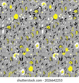 Abstract Hand Drawing Small Ditsy Flowers and Leaves Seamless Vector Pattern Isolated Background