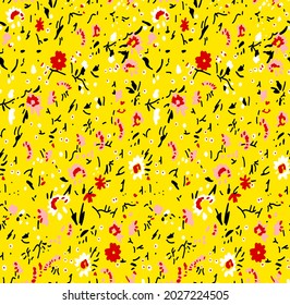 Abstract Hand Drawing Small Ditsy Flowers and Leaves Seamless Vector Pattern Isolated Background