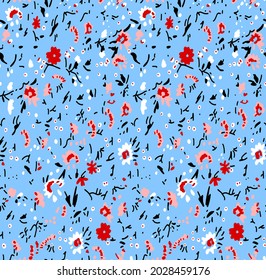 Abstract Hand Drawing Small Ditsy Flowers and Leaves Seamless Vector Pattern Isolated Background