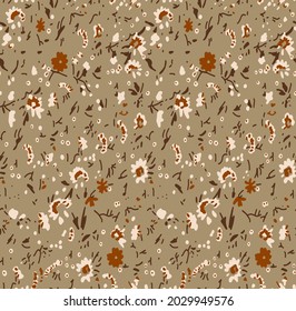 Abstract Hand Drawing Small Ditsy Flowers and Leaves Seamless Vector Pattern Isolated Background