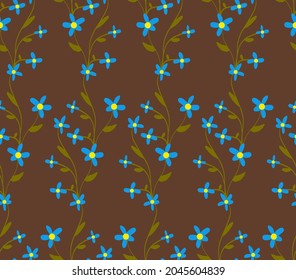 Dibujo manual abstracto de pequeña rama de flores de margarita y deja patrón vectorial sin soldadura fondo de color marrón aislado