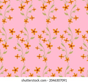 Dibujo manual abstracto de pequeñas flores de margarita y deja un patrón vectorial sin soldadura fondo rosado aislado