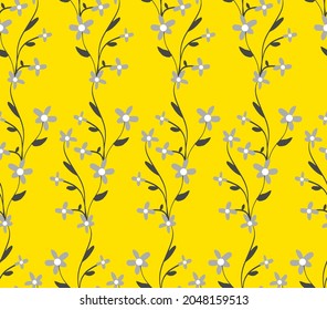 Abstract Hand Drawing Small Ditsy Daisy Flowers Branch and Leaves Seamless Vector Pattern Isolated Golden Yellow Background