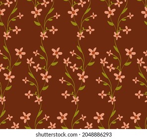 Abstract Hand Drawing Small Ditsy Daisy Flowers Branch and Leaves Seamless Vector Pattern Isolated Brown Background