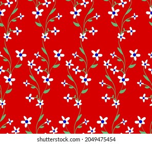 Abstracto Dibujo a mano Pequeña rama de flores de margarita y deja un patrón vectorial sin soldadura fondo rojo aislado
