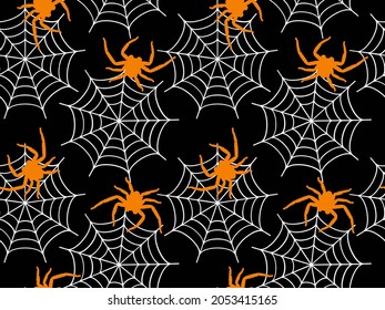 Abstract Hand Drawing Spider Web and Spiders Seamless Halloween Vector Pattern Isolated Black Background