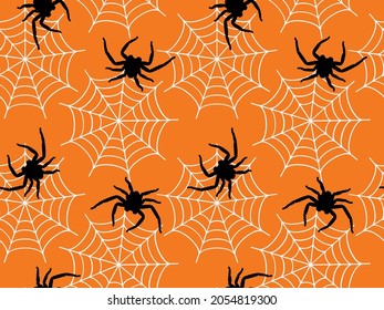 Abstract Hand Drawing Spider Web and Spiders Seamless Halloween Vector Pattern Isolated Orange Background