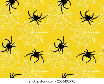 Abstract Hand Drawing Spider Web and Spiders Seamless Halloween Vector Pattern Isolated Golden Yellow Background