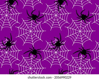 Abstract Hand Drawing Spider Web and Spiders Seamless Halloween Vector Pattern Isolated Purple Background