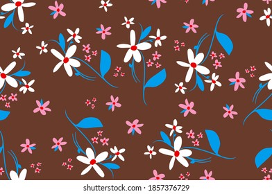 Abstract Hand Drawing Spring Ditsy Flowers and Leaves Repeating Vector Pattern Isolated Background