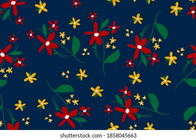 Abstract Hand Drawing Spring Ditsy Flowers and Leaves Repeating Vector Pattern Isolated Background