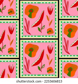 Abstract Hand Drawing Squared Flowers and Leaves Frames Seamless Patchwork Scarf Vector Pattern Isolated Background